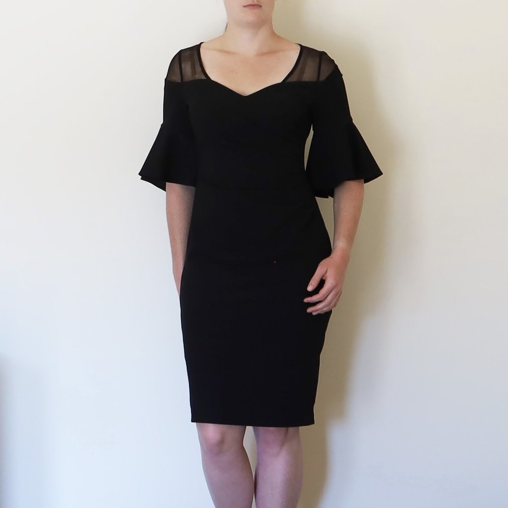 Calvin Klein Black Illusion Ruched Bell Sleeve Cocktail Dress